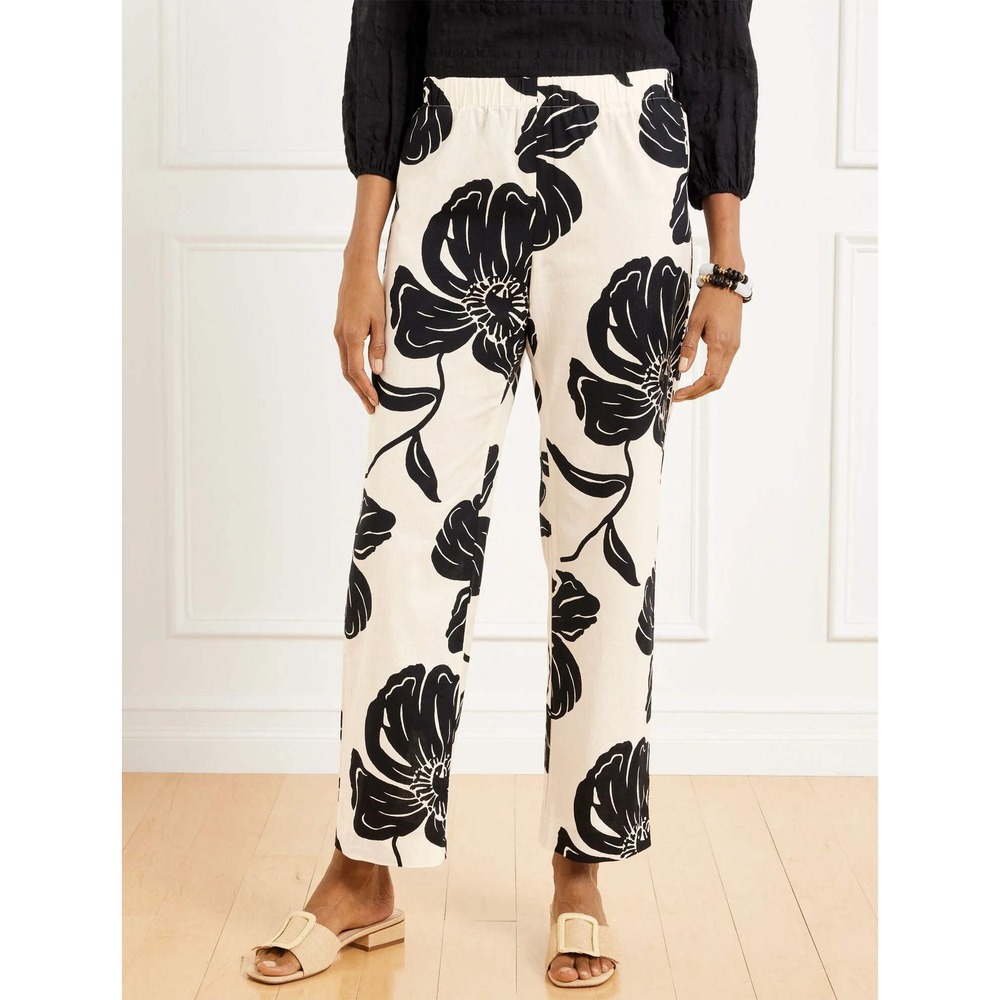 Talbots Pants Women XL Petite White Black Floral Cotton Linen Elastic Waist